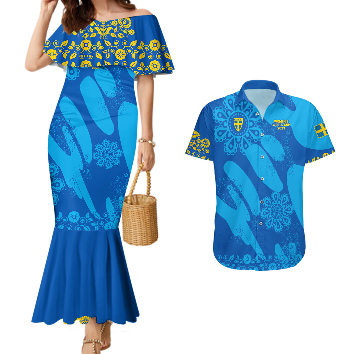 Custom Sweden Women Football Couples Matching Mermaid Dress and Hawaiian Shirt Blagult World Cup 2023 LT9 - Wonder Print Shop