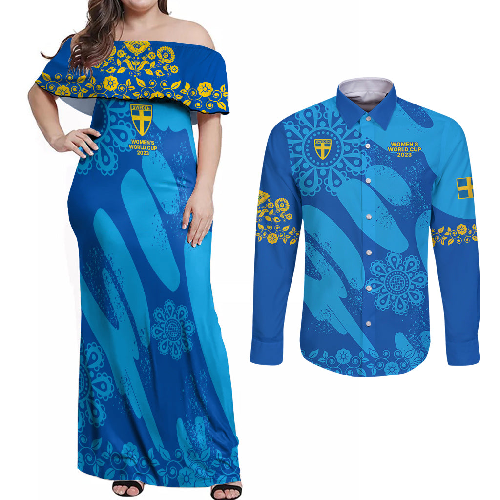 Custom Sweden Women Football Couples Matching Off Shoulder Maxi Dress and Long Sleeve Button Shirts Blagult World Cup 2023 LT9 - Wonder Print Shop