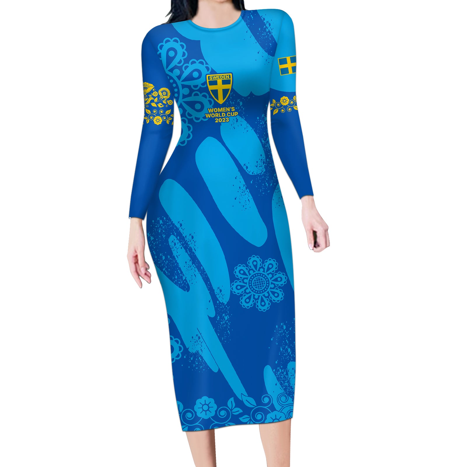 Custom Sweden Women Football Long Sleeve Bodycon Dress Blagult World Cup 2023 - Wonder Print Shop