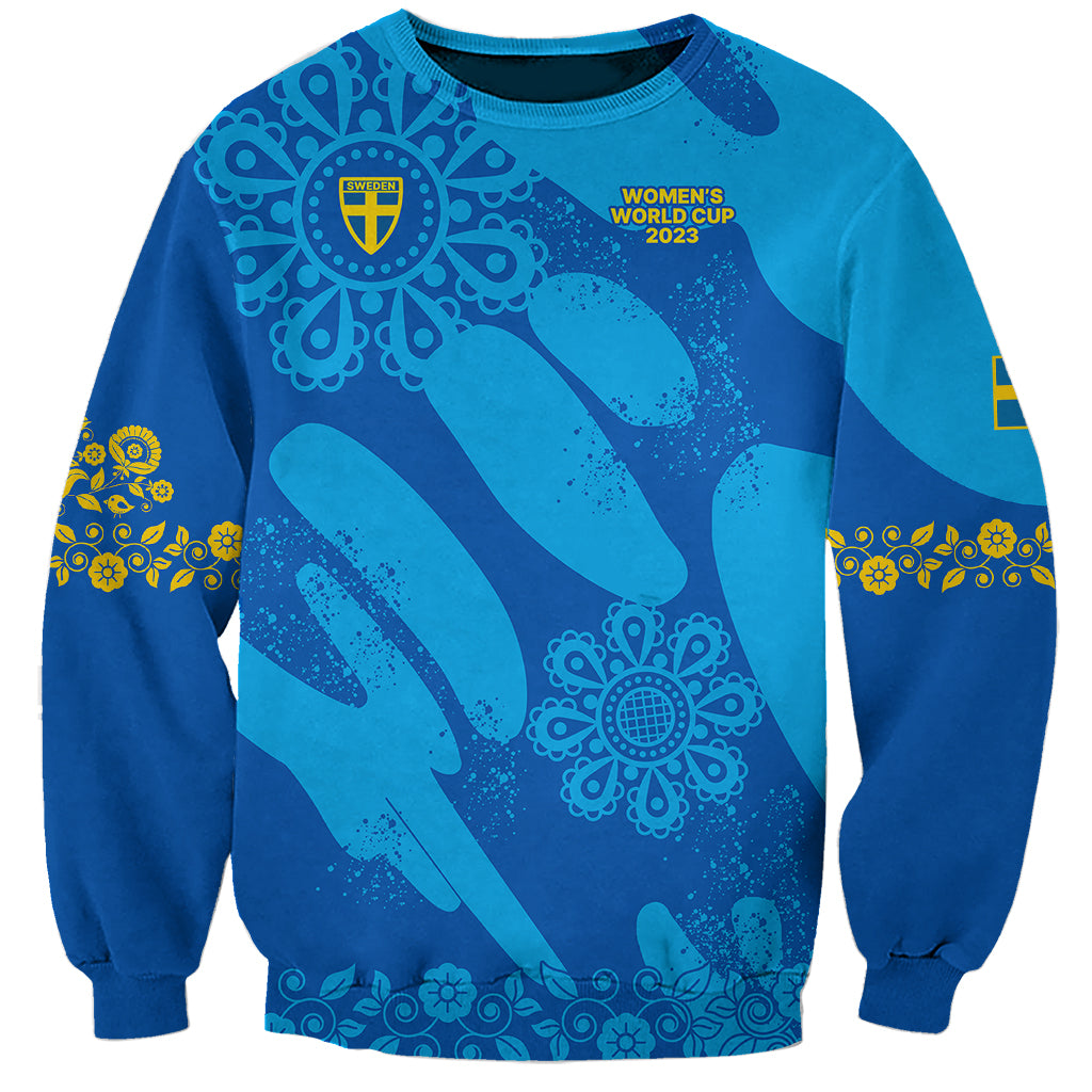 Women’s football sweatshirt, blue crewneck with Sweden emblem and sports graphic sleeves