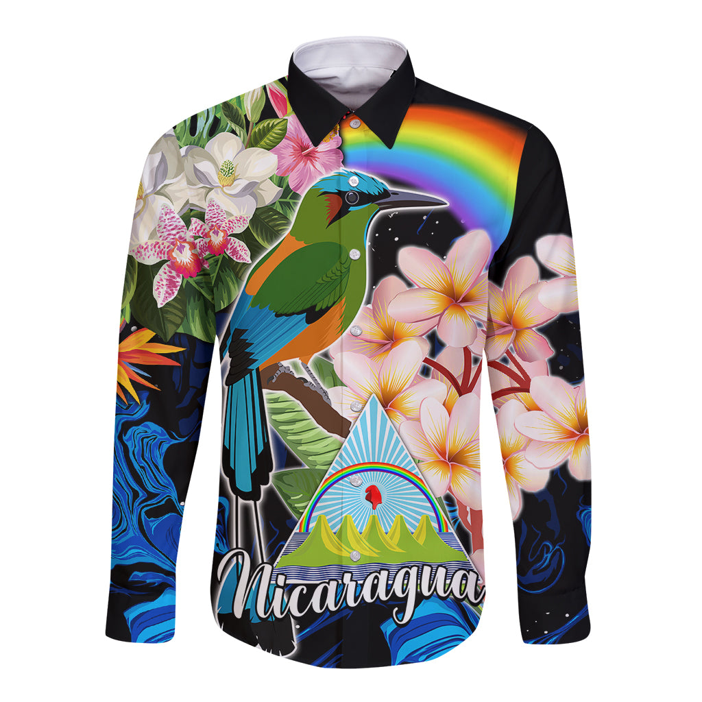 Black long-sleeve button shirt with rainbow, toucan, and floral print; Nicaragua on front