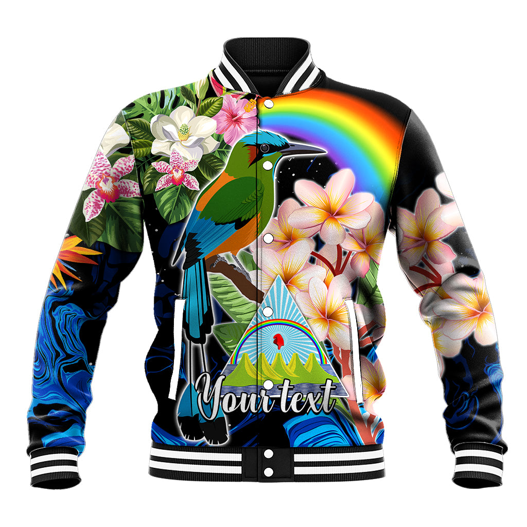Unisex black baseball jacket with ribbed collar, snap buttons, tropical bird and flower print