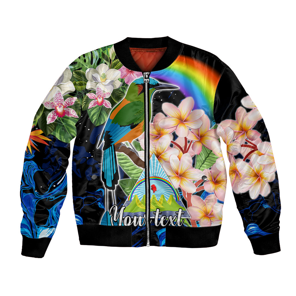 Unisex bomber jacket with front zipper, colorful bird and flower graphic on black