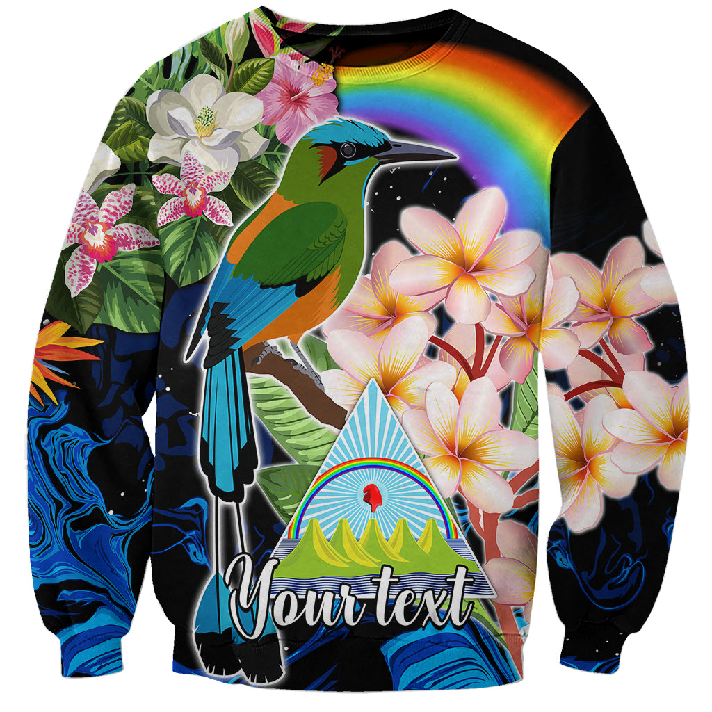 Unisex black sweatshirt with colorful bird, flowers, mountain graphic and 'Your text' print
