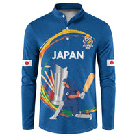 Blue button-front cricket sweatshirt with Japan graphic, long sleeves and flag patch.