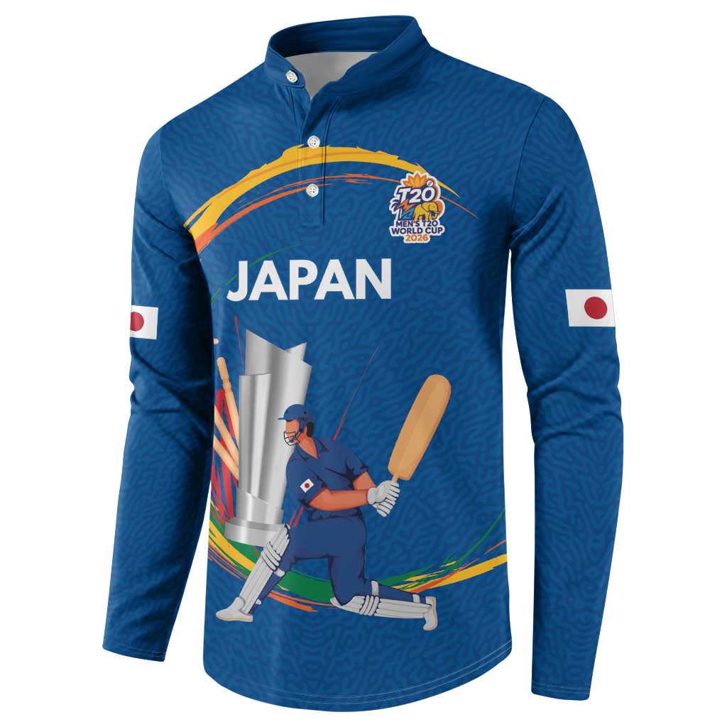 Blue button-front cricket sweatshirt with Japan banner and player action graphic, flag sleeve.