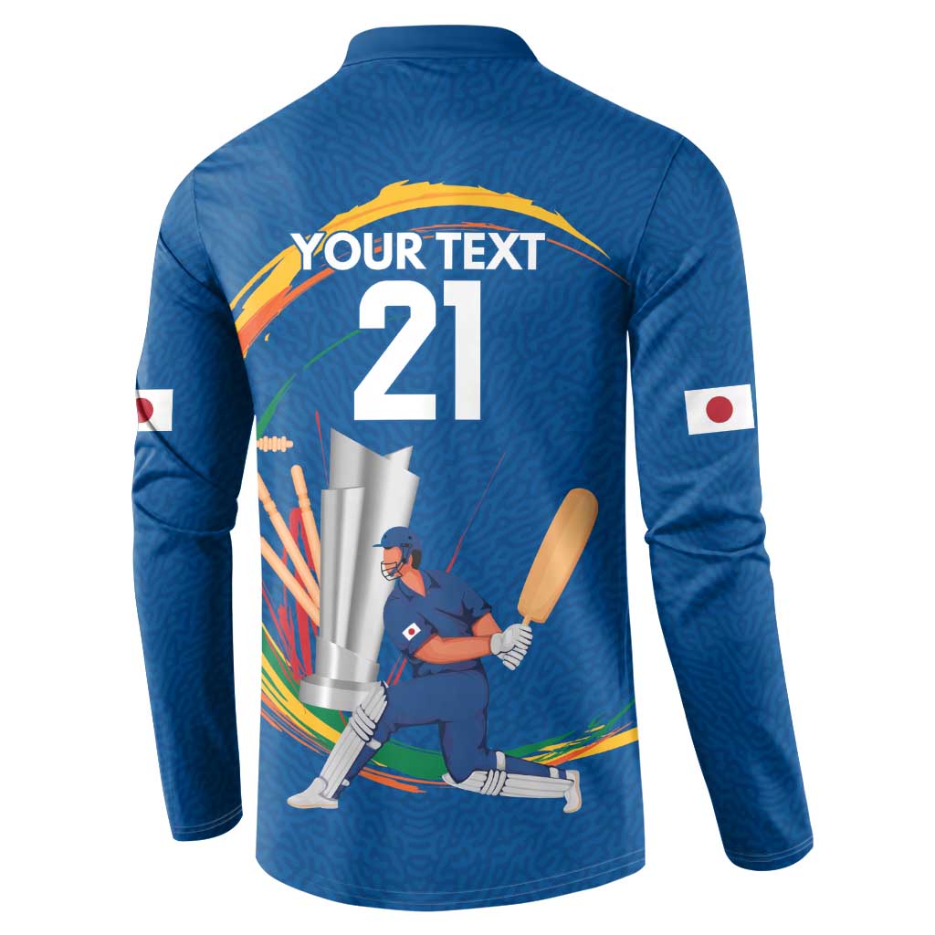 Blue cricket sweatshirt back with "YOUR TEXT 21" and player graphic, Japan flag patches.