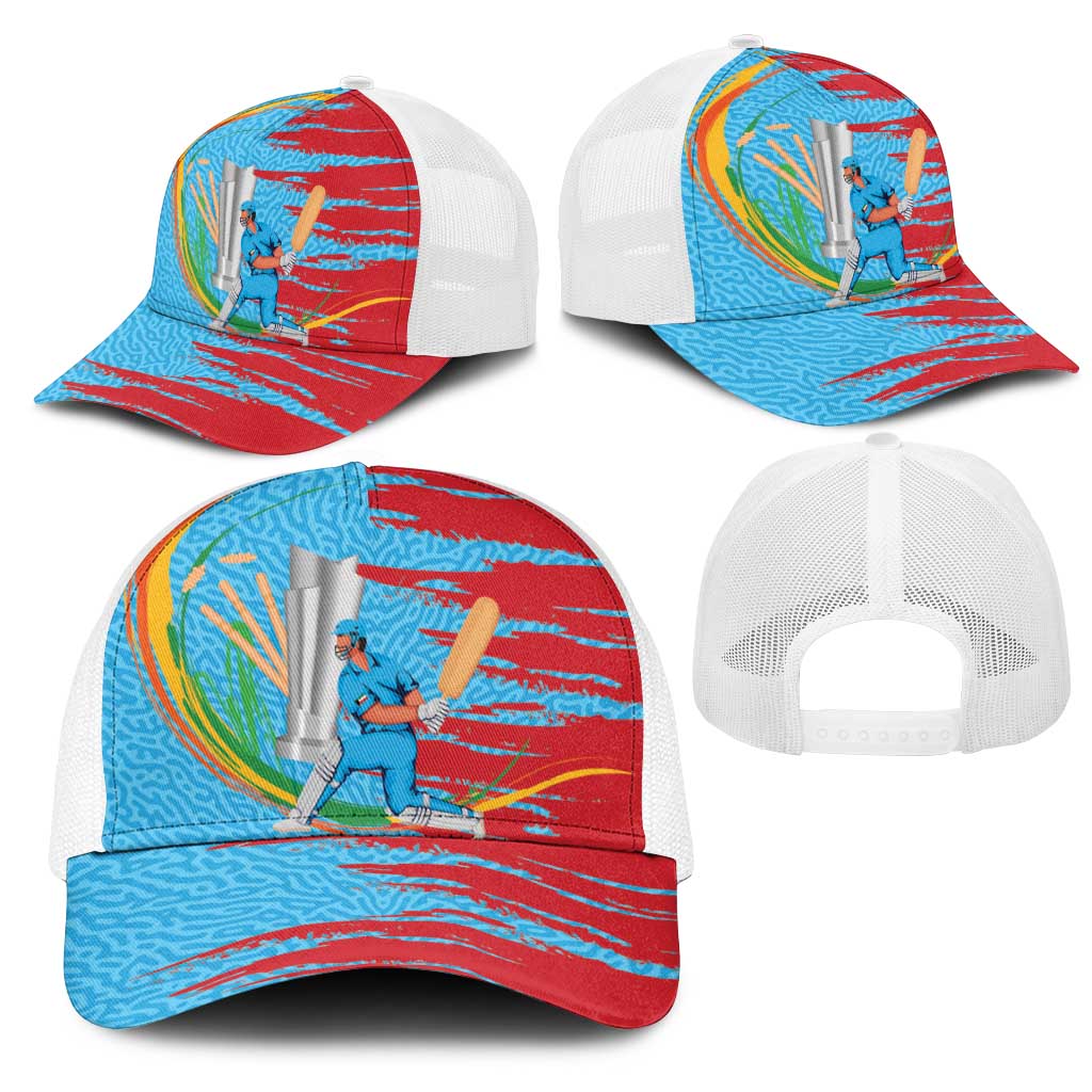 Baseball cap set with sports graphic and blue/red front; white mesh back