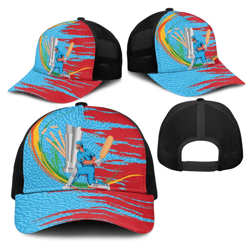 Baseball cap set with sports graphic and blue/red front; black mesh back