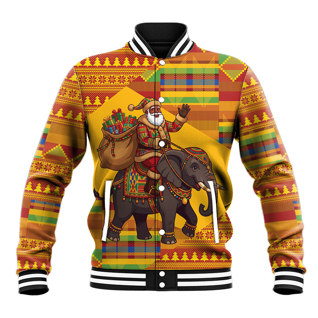 Ghana Christmas Santa African Elephant Baseball Jacket Kente Inspired Woven Geometric Blocks