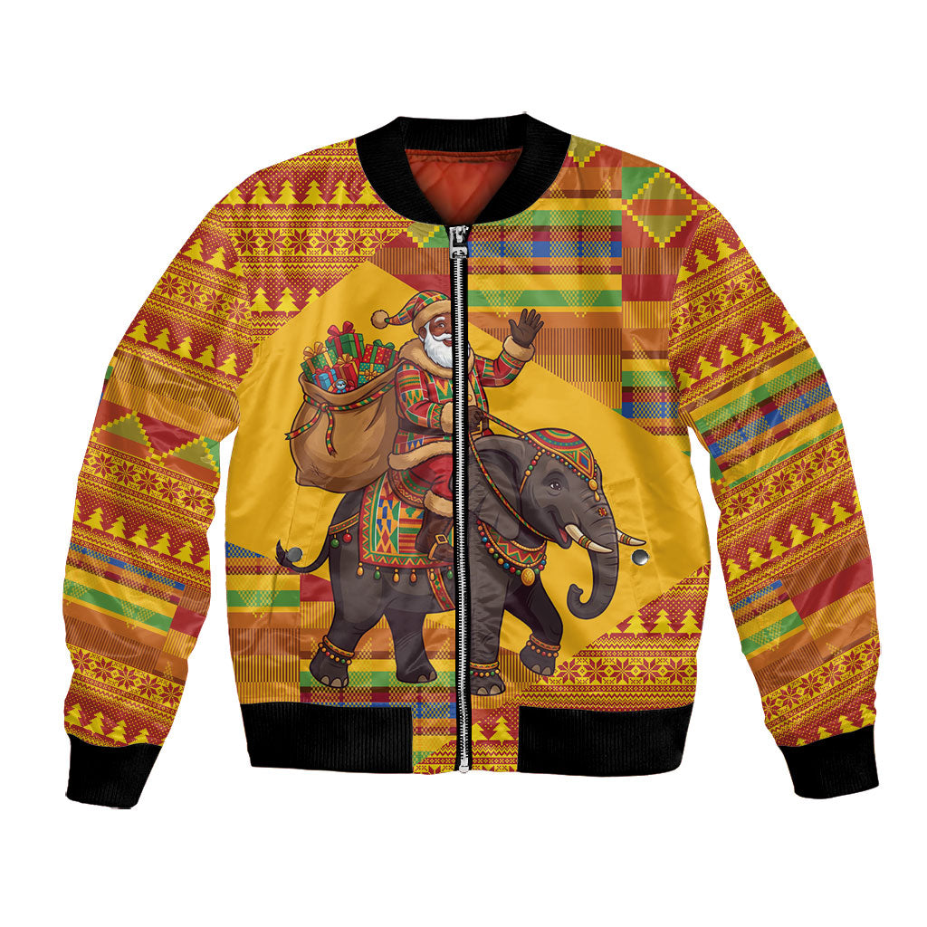 Ghana Christmas Santa African Elephant Bomber Jacket Kente Inspired Woven Geometric Blocks