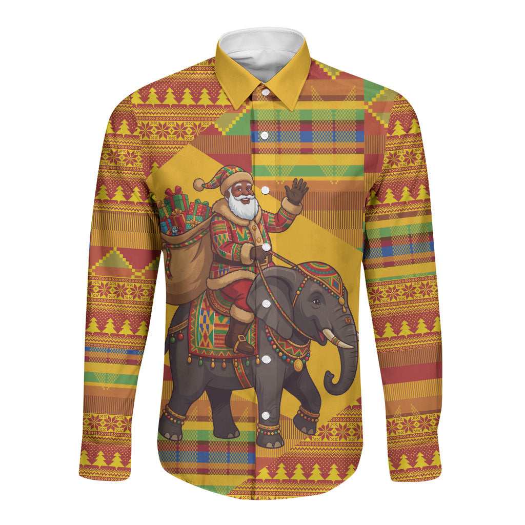 Ghana Christmas Santa African Elephant Long Sleeve Button Shirt Kente Inspired Woven Geometric Blocks