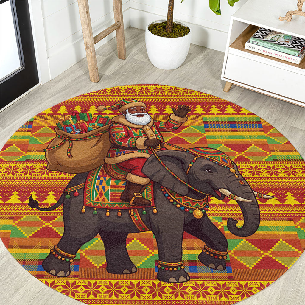Ghana Christmas Santa African Elephant Round Carpet Kente Inspired Woven Geometric Blocks