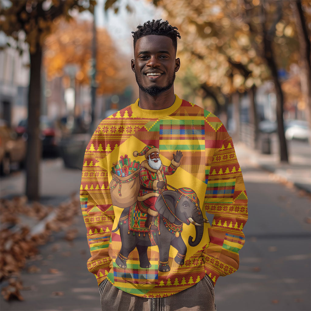 Ghana Christmas Santa African Elephant Sweatshirt Kente Inspired Woven Geometric Blocks