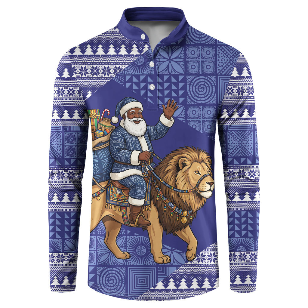 Nigeria Christmas Santa West African Lion Button Sweatshirt Adire Indigo Resist Dye Motifs