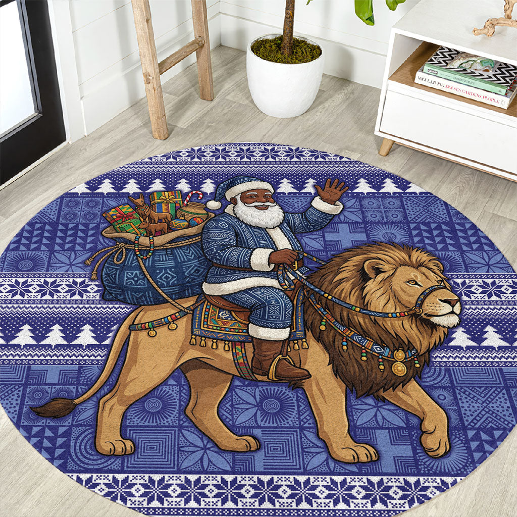 Nigeria Christmas Santa West African Lion Round Carpet Adire Indigo Resist Dye Motifs