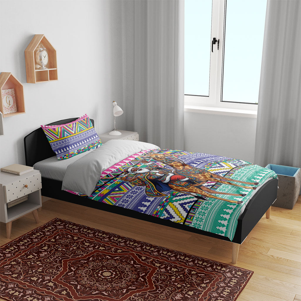 South Africa Christmas Santa Giraffe Bedding Set Ndebele Geometric Patterns