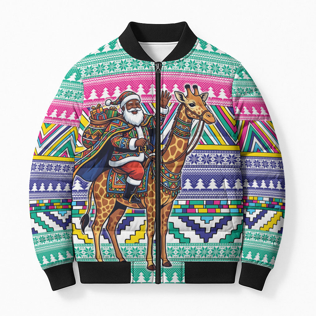 South Africa Christmas Santa Giraffe Bomber Puffer Jacket Ndebele Geometric Patterns