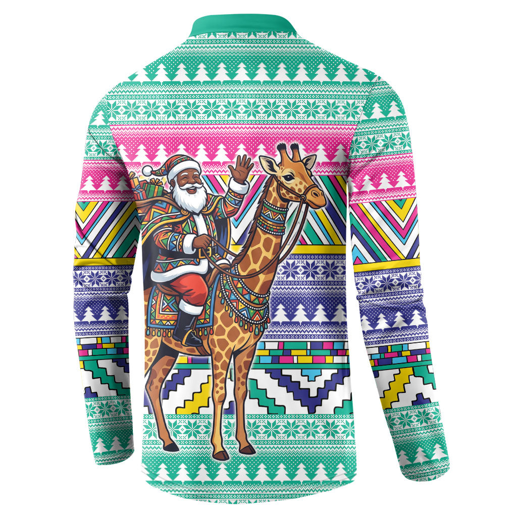 South Africa Christmas Santa Giraffe Button Sweatshirt Ndebele Geometric Patterns