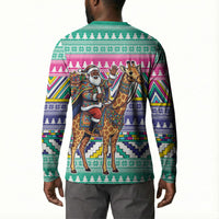 South Africa Christmas Santa Giraffe Button Sweatshirt Ndebele Geometric Patterns