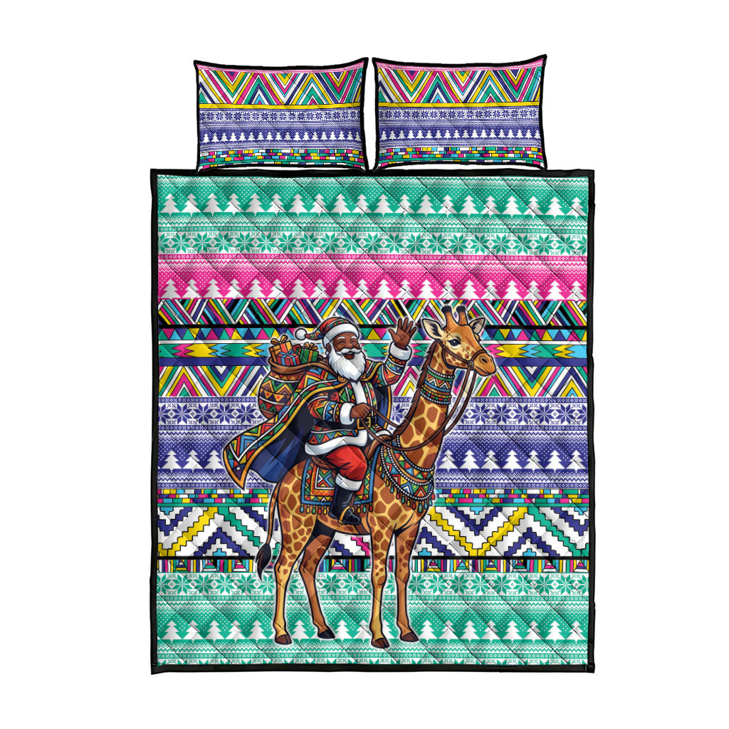 South Africa Christmas Santa Giraffe Quilt Bed Set Ndebele Geometric Patterns