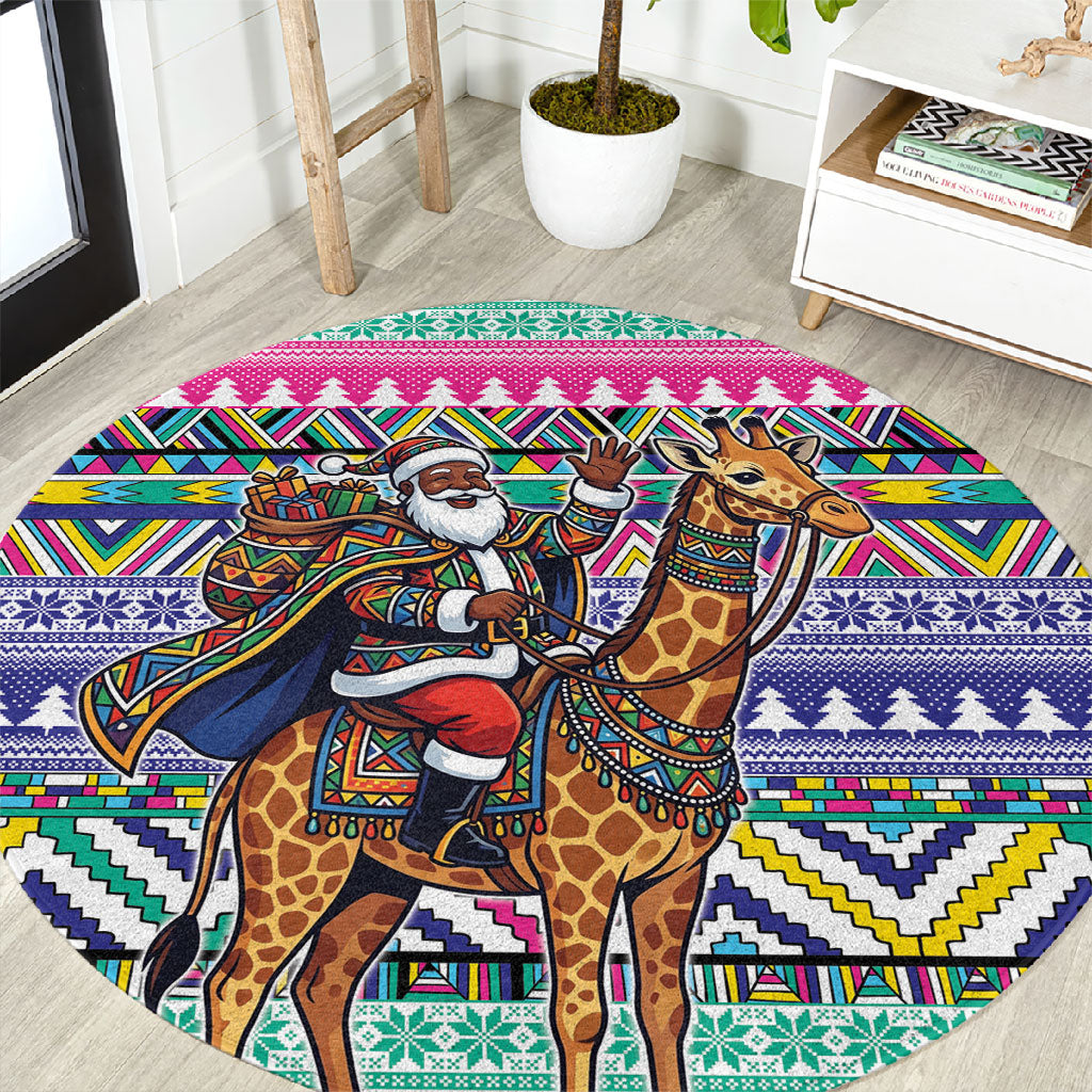South Africa Christmas Santa Giraffe Round Carpet Ndebele Geometric Patterns
