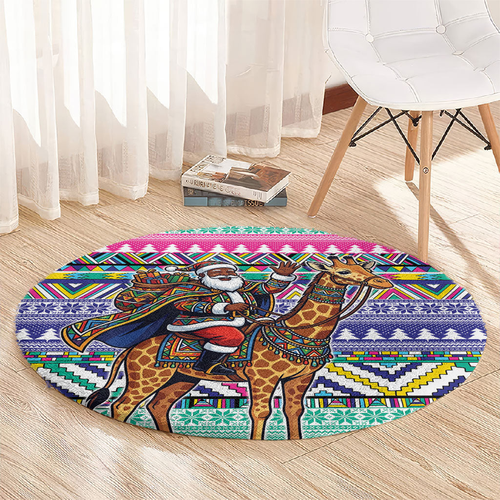 South Africa Christmas Santa Giraffe Round Carpet Ndebele Geometric Patterns