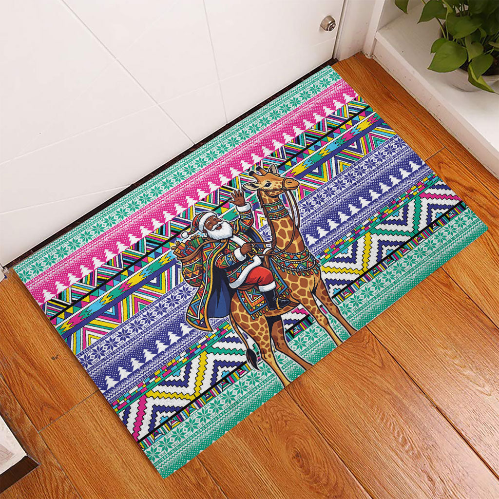 South Africa Christmas Santa Giraffe Rubber Doormat Ndebele Geometric Patterns