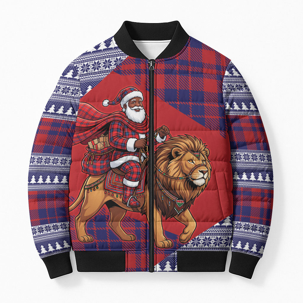 Kenya Christmas Santa Lion Bomber Puffer Jacket Maasai Shuka Inspired Red Check