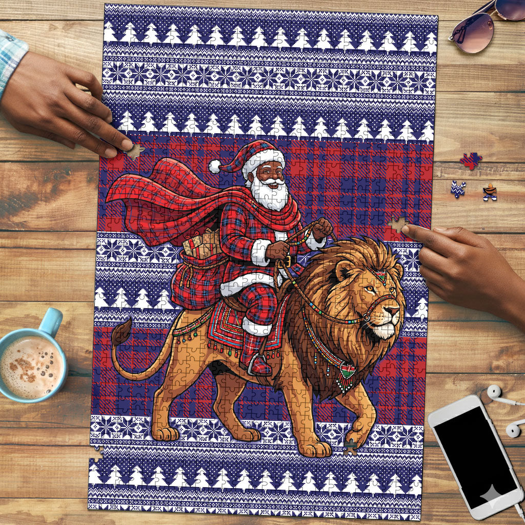 Kenya Christmas Santa Lion Puzzle Maasai Shuka Inspired Red Check