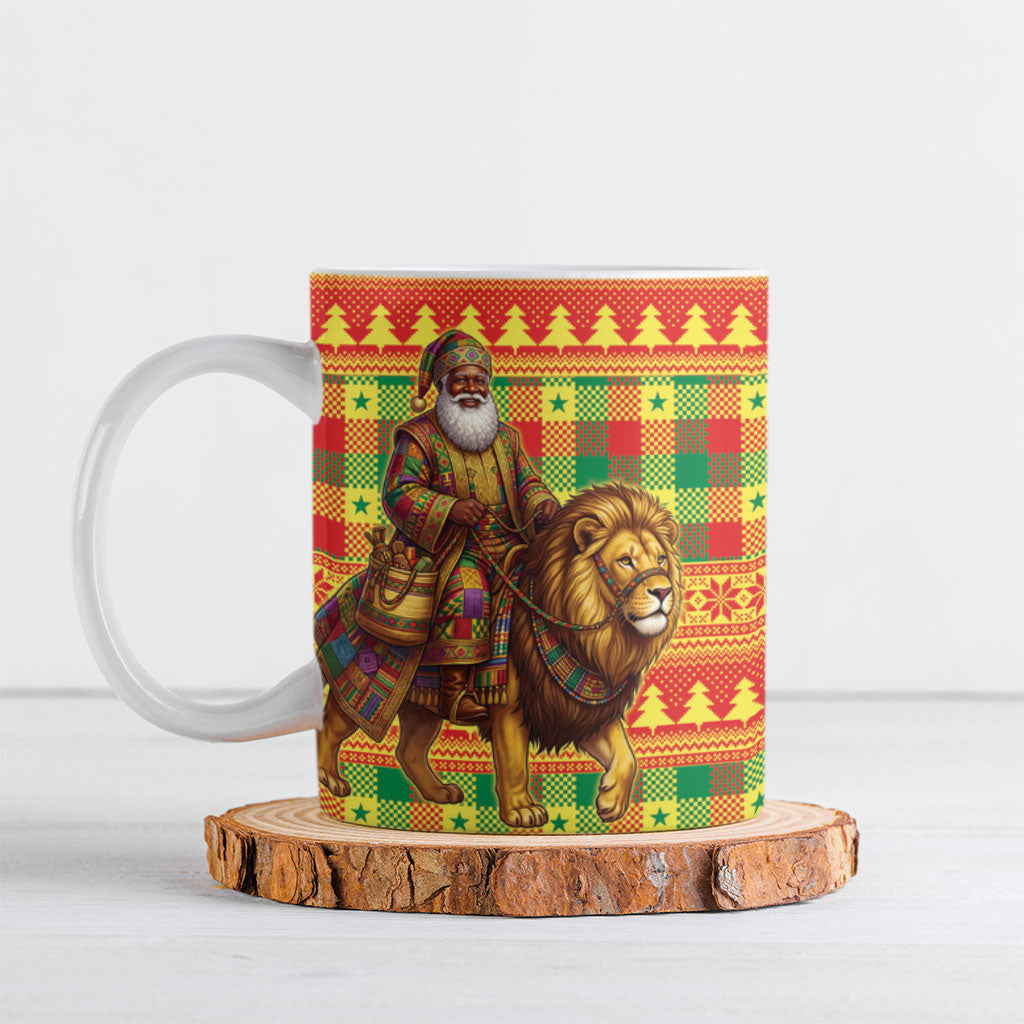 Senegal Christmas Santa Lion Ceramic Mug Thioub Traditional Woven Textile Motif