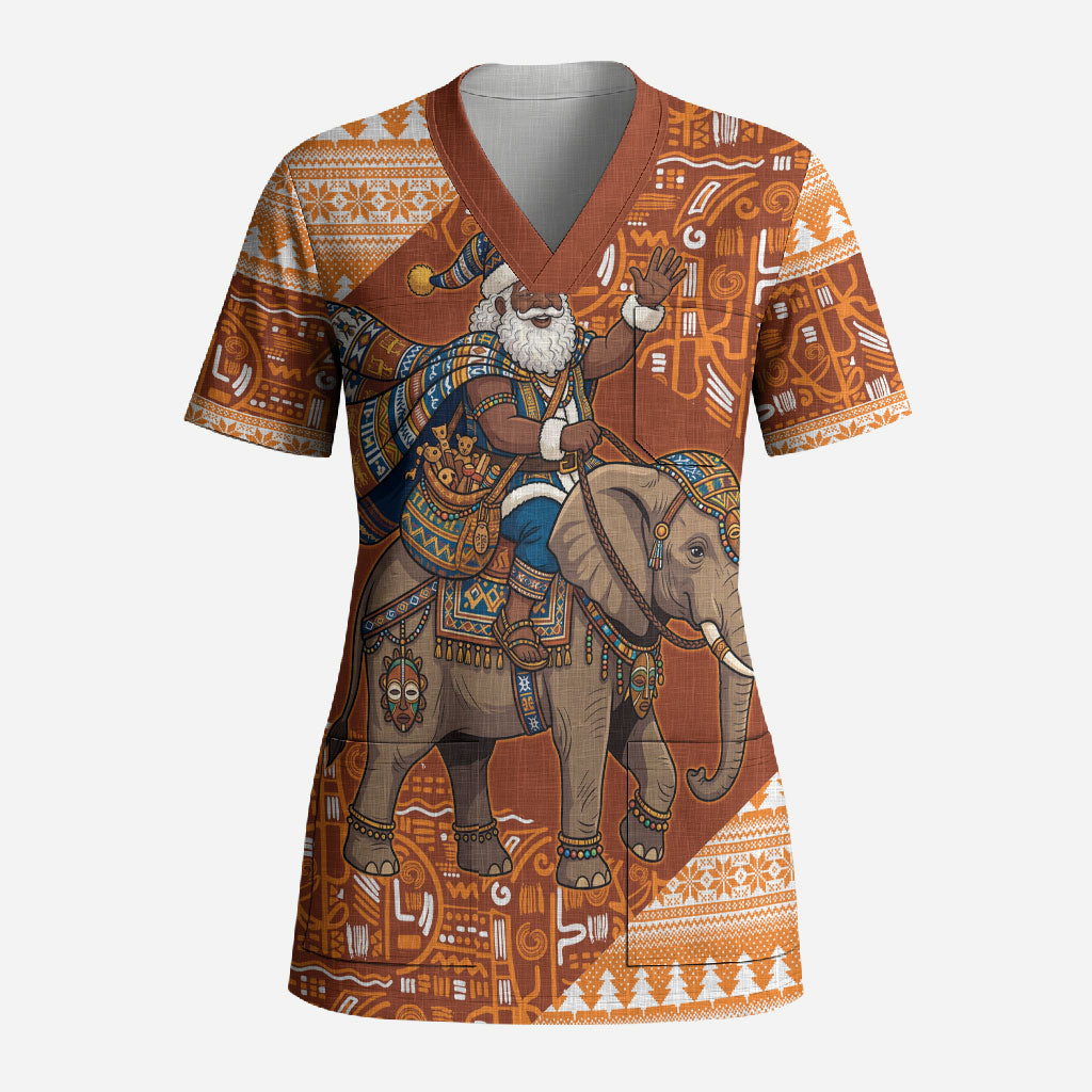 Cote d’Ivoire Christmas Santa Elephant Scrub Top Baoule Woven Inspired