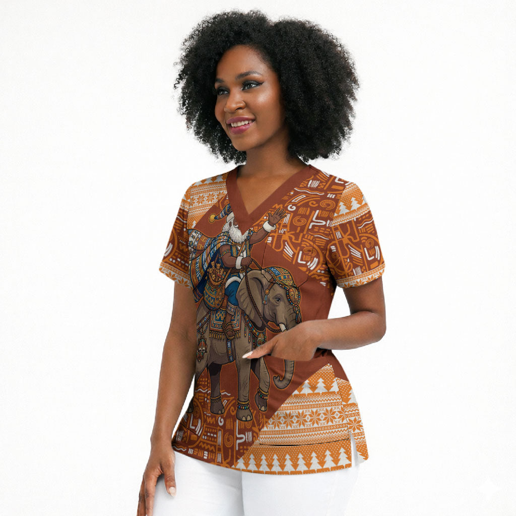 Cote d’Ivoire Christmas Santa Elephant Scrub Top Baoule Woven Inspired