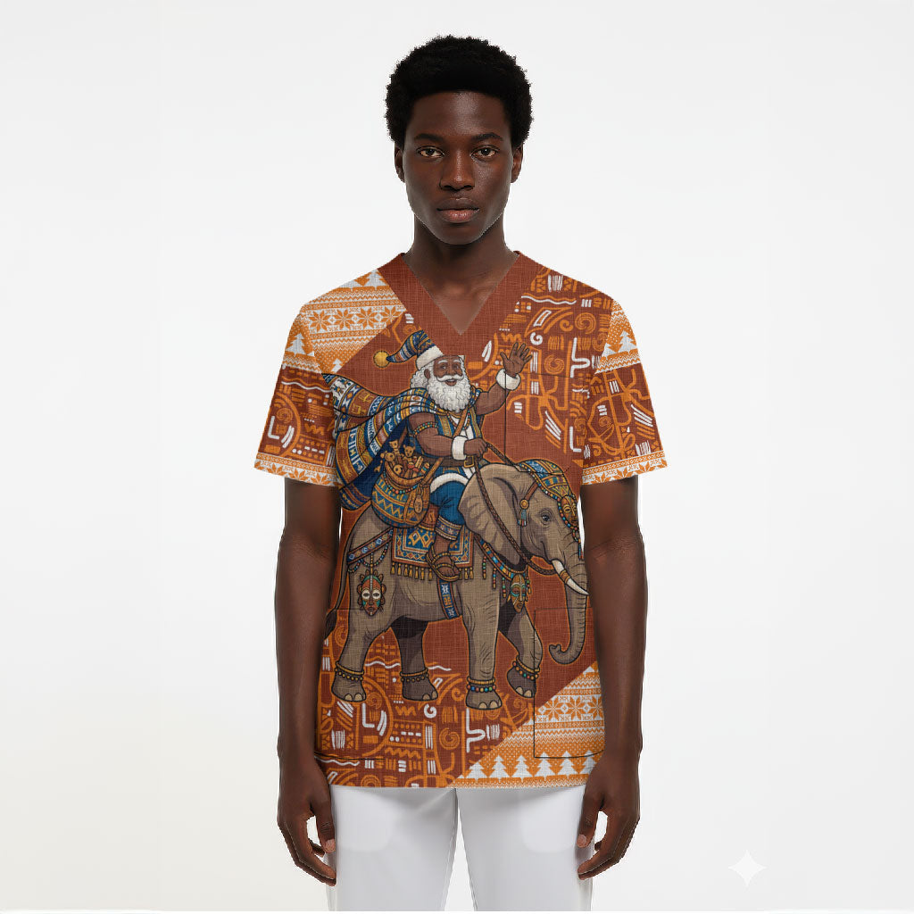 Cote d’Ivoire Christmas Santa Elephant Scrub Top Baoule Woven Inspired