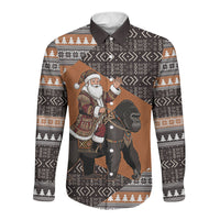 DR Congo Christmas Santa Gorilla Long Sleeve Button Shirt Kuba Inspired Geometric Pattern