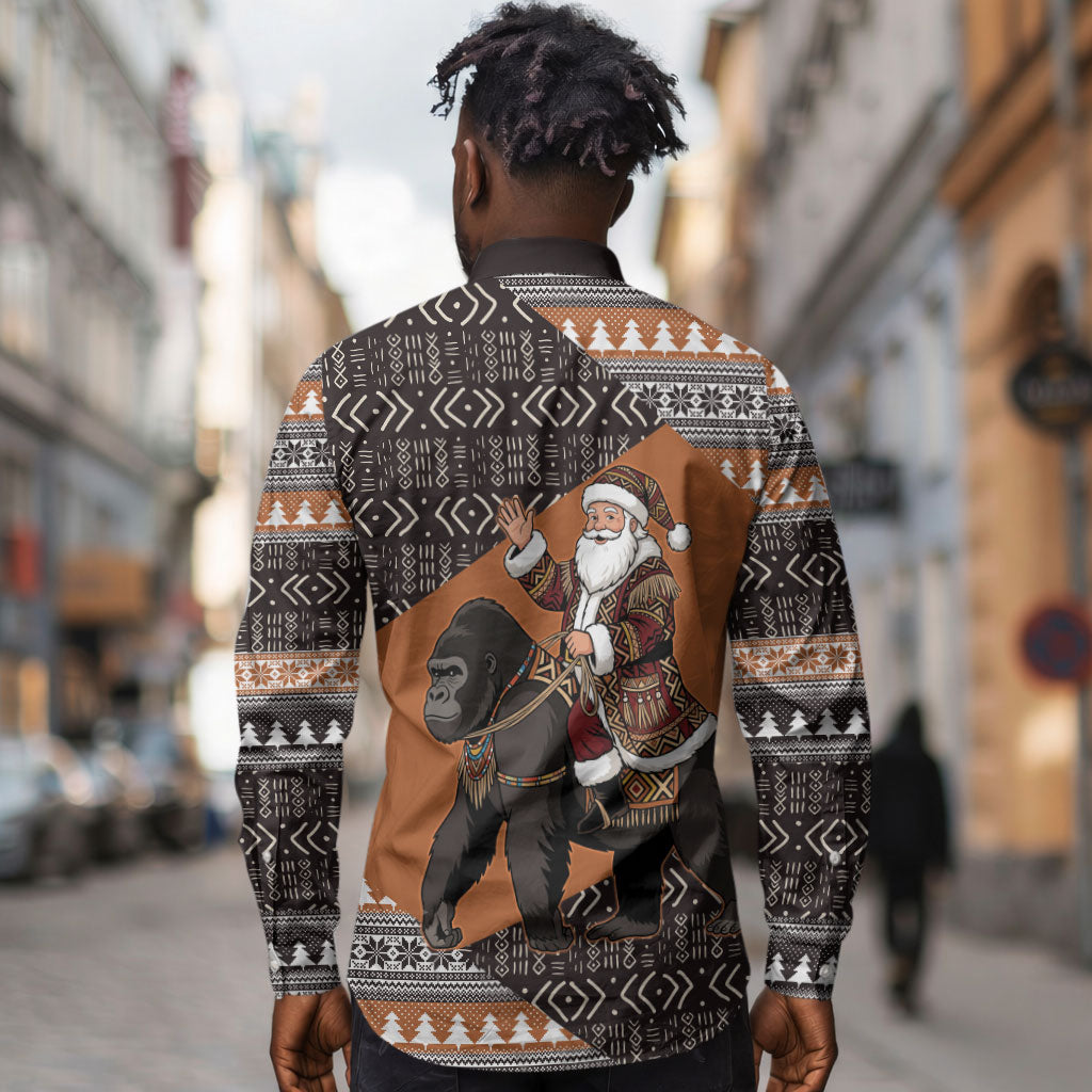 DR Congo Christmas Santa Gorilla Long Sleeve Button Shirt Kuba Inspired Geometric Pattern