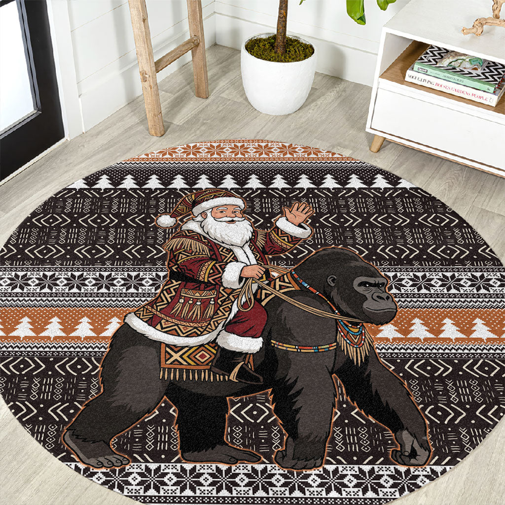 DR Congo Christmas Santa Gorilla Round Carpet Kuba Inspired Geometric Pattern