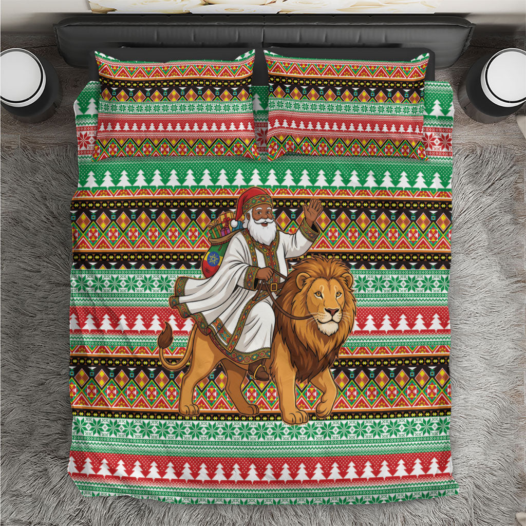 Ethiopia Christmas Santa Lion Bedding Set Habesha Kemis Woven Border