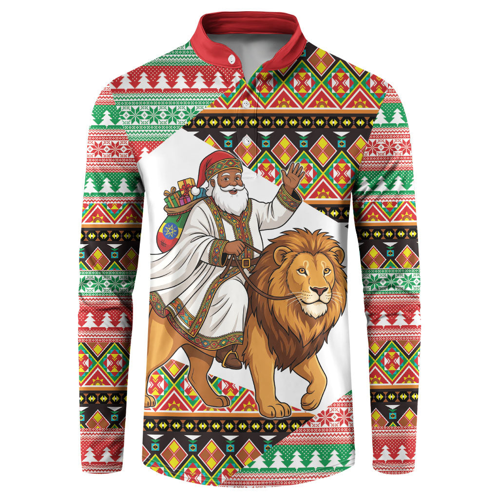 Ethiopia Christmas Santa Lion Button Sweatshirt Habesha Kemis Woven Border