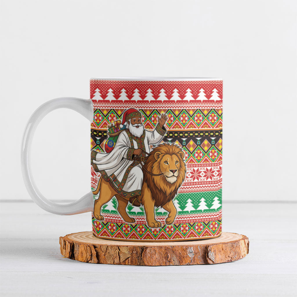 Ethiopia Christmas Santa Lion Ceramic Mug Habesha Kemis Woven Border