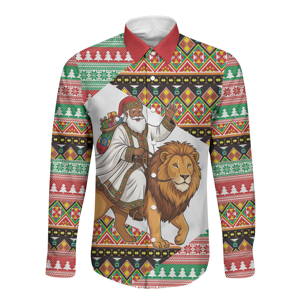 Ethiopia Christmas Santa Lion Long Sleeve Button Shirt Habesha Kemis Woven Border