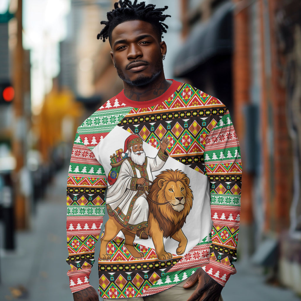 Ethiopia Christmas Santa Lion Long Sleeve Shirt Habesha Kemis Woven Border