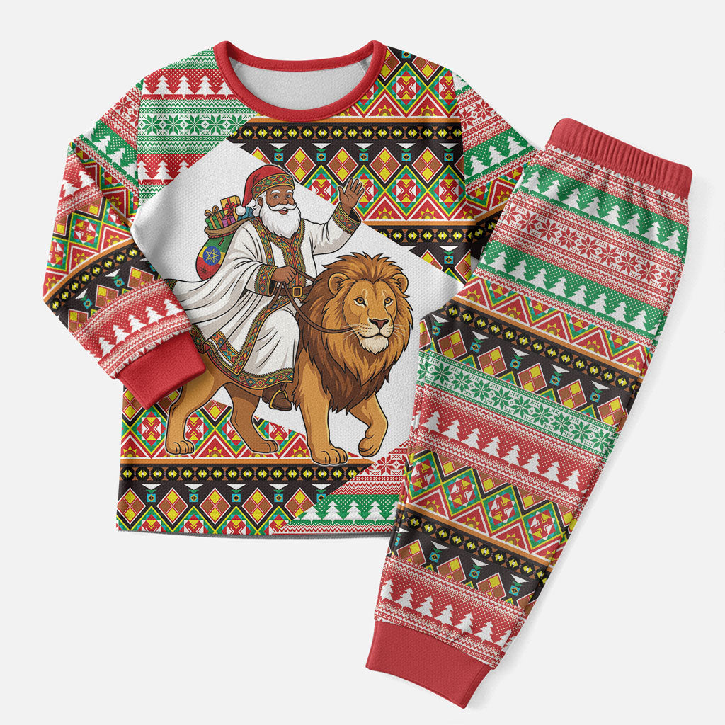 Ethiopia Christmas Santa Lion Christmas Pajama Set Habesha Kemis Woven Border