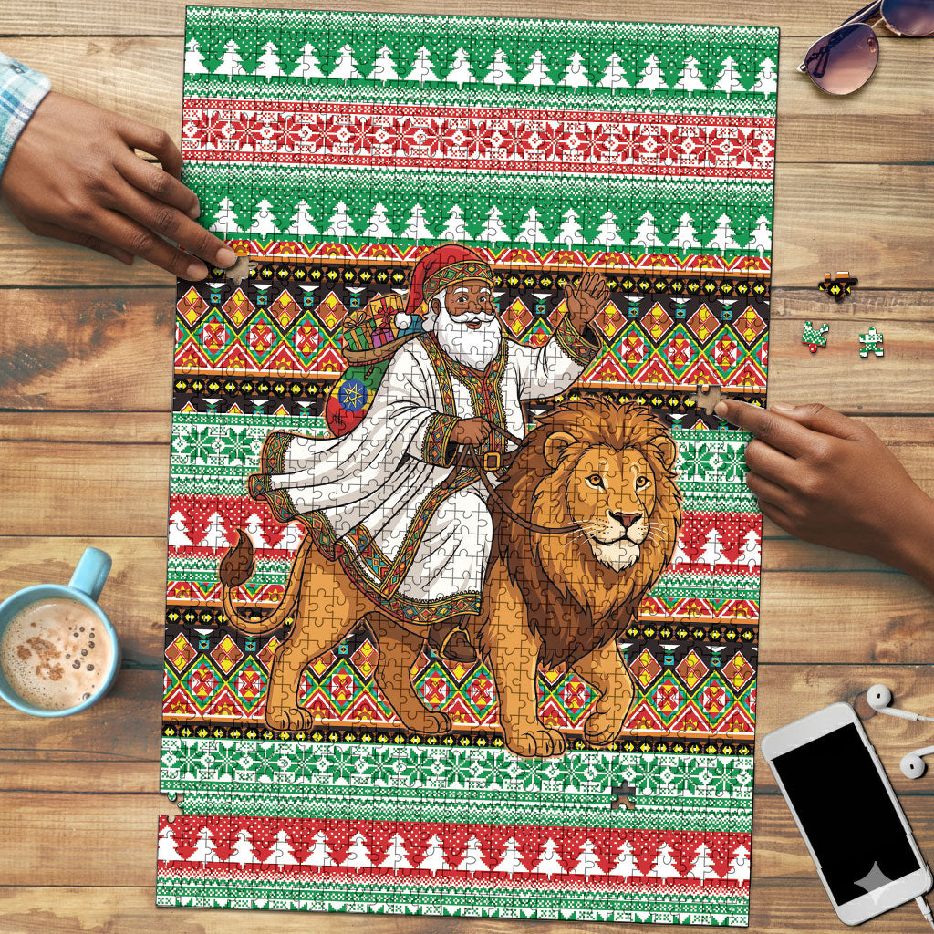 Ethiopia Christmas Santa Lion Puzzle Habesha Kemis Woven Border