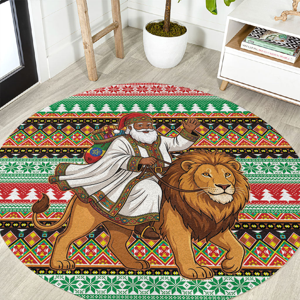 Ethiopia Christmas Santa Lion Round Carpet Habesha Kemis Woven Border