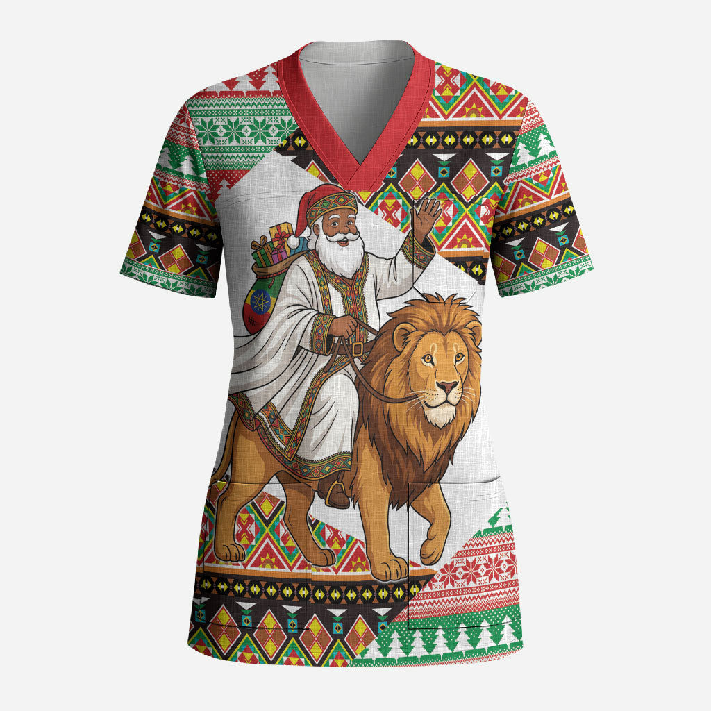 Ethiopia Christmas Santa Lion Scrub Top Habesha Kemis Woven Border