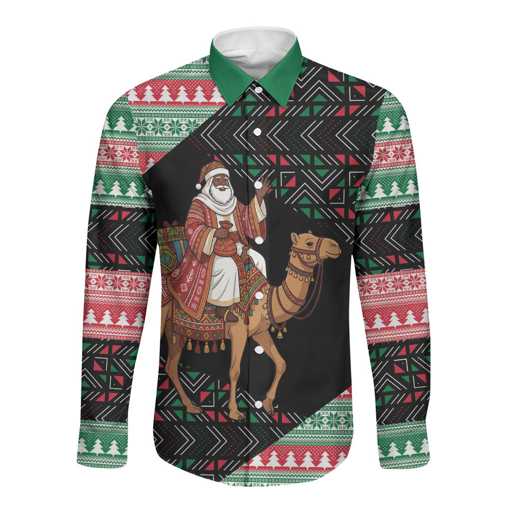 Sudan Christmas Santa Dromedary Camel Long Sleeve Button Shirt Sudanese Tobe Inspired Textile