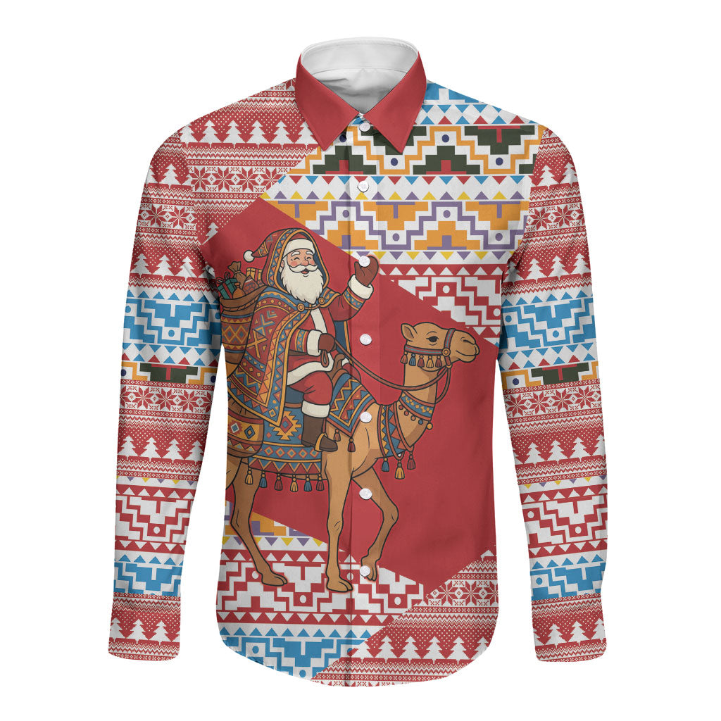 Morocco Christmas Santa Dromedary Camel Long Sleeve Button Shirt Berber Amazigh Geometric Motifs