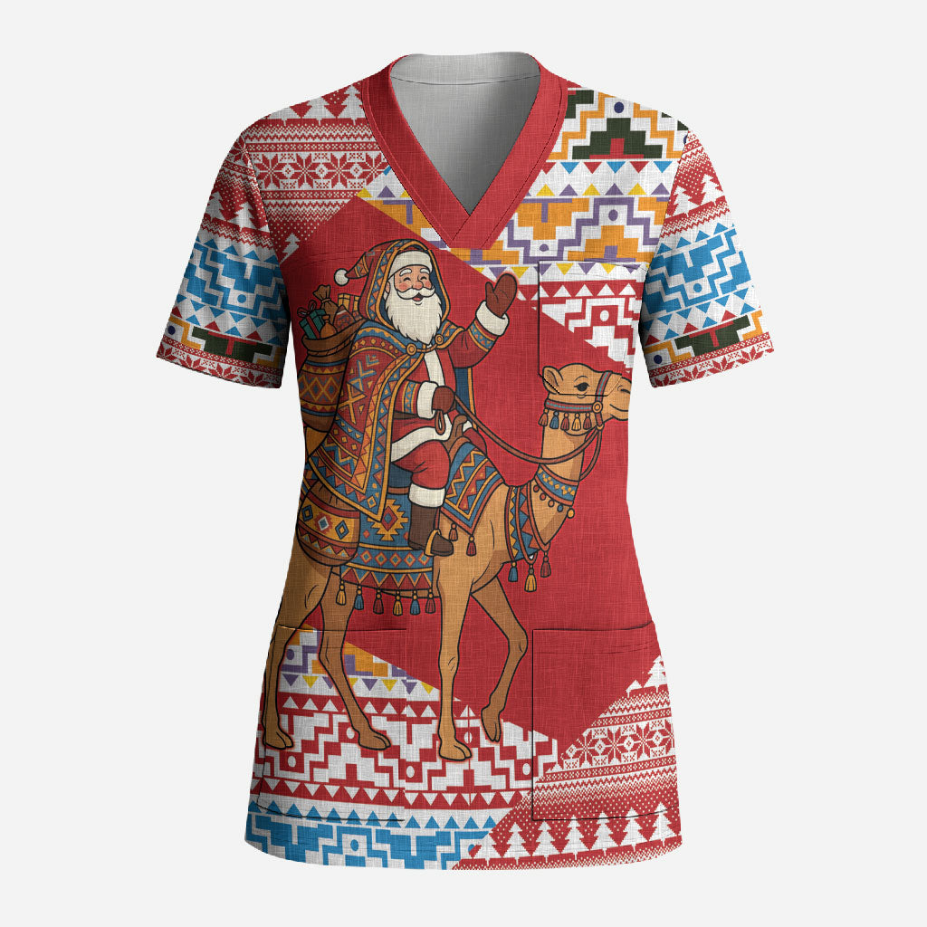 Morocco Christmas Santa Dromedary Camel Scrub Top Berber Amazigh Geometric Motifs