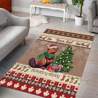 Tan Christmas area rug with beaver, green tree, and red patterned border